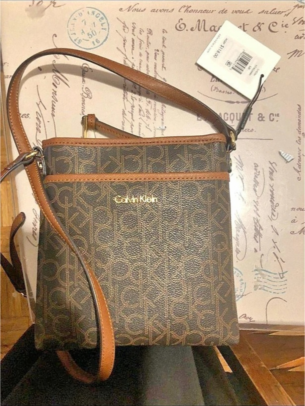 Calvin Klein Monogram Zip Crossbody Bag Brown & Black NWT